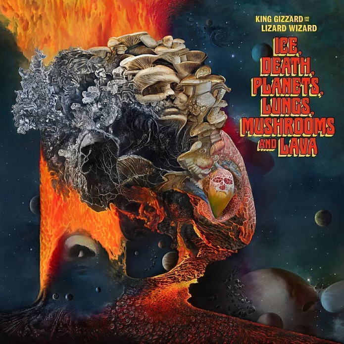 Album art of psychedelic imagery including planets, magma, mushrooms, and faces