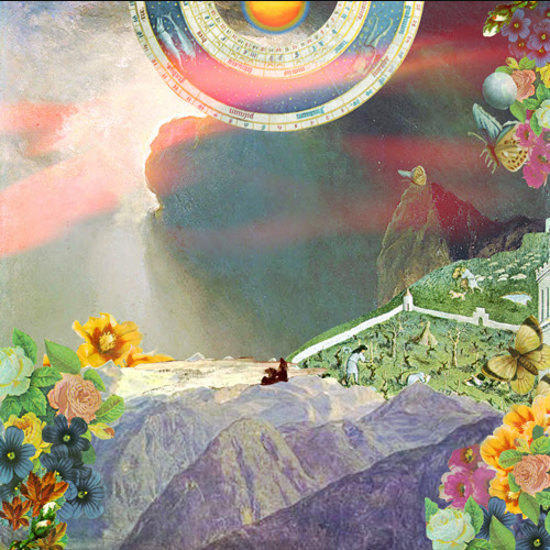 Album art of painted flowers and a mountain peak under cloudy sky