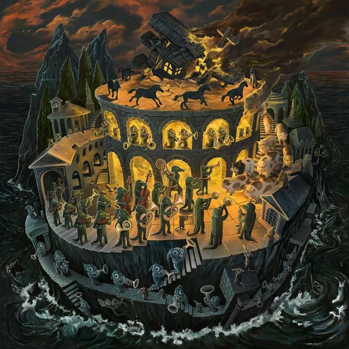 Album art of decaying greek-styled pantheon filled with dancing lizards