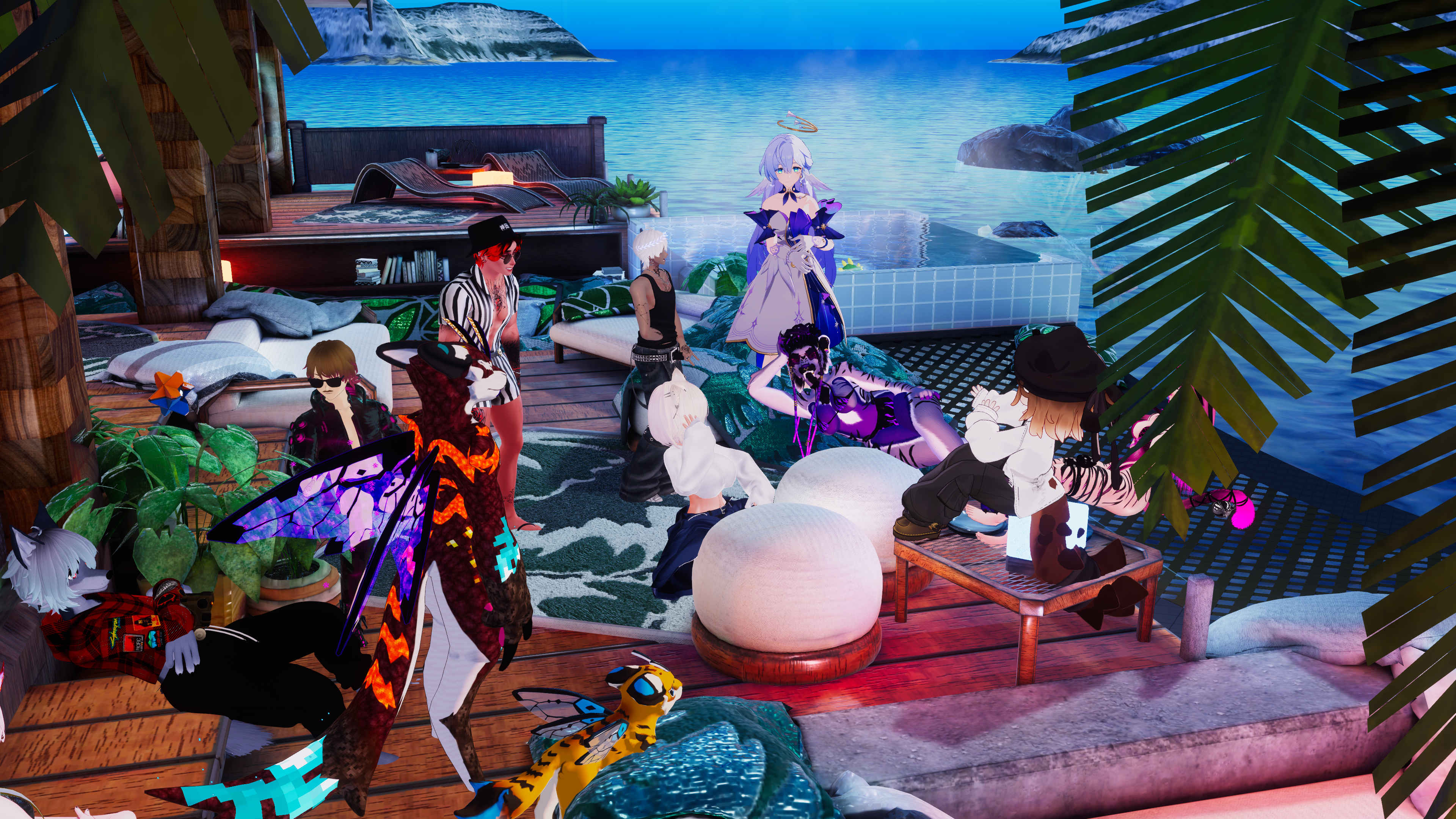 a group of virtual avatars mingle at a beach house.