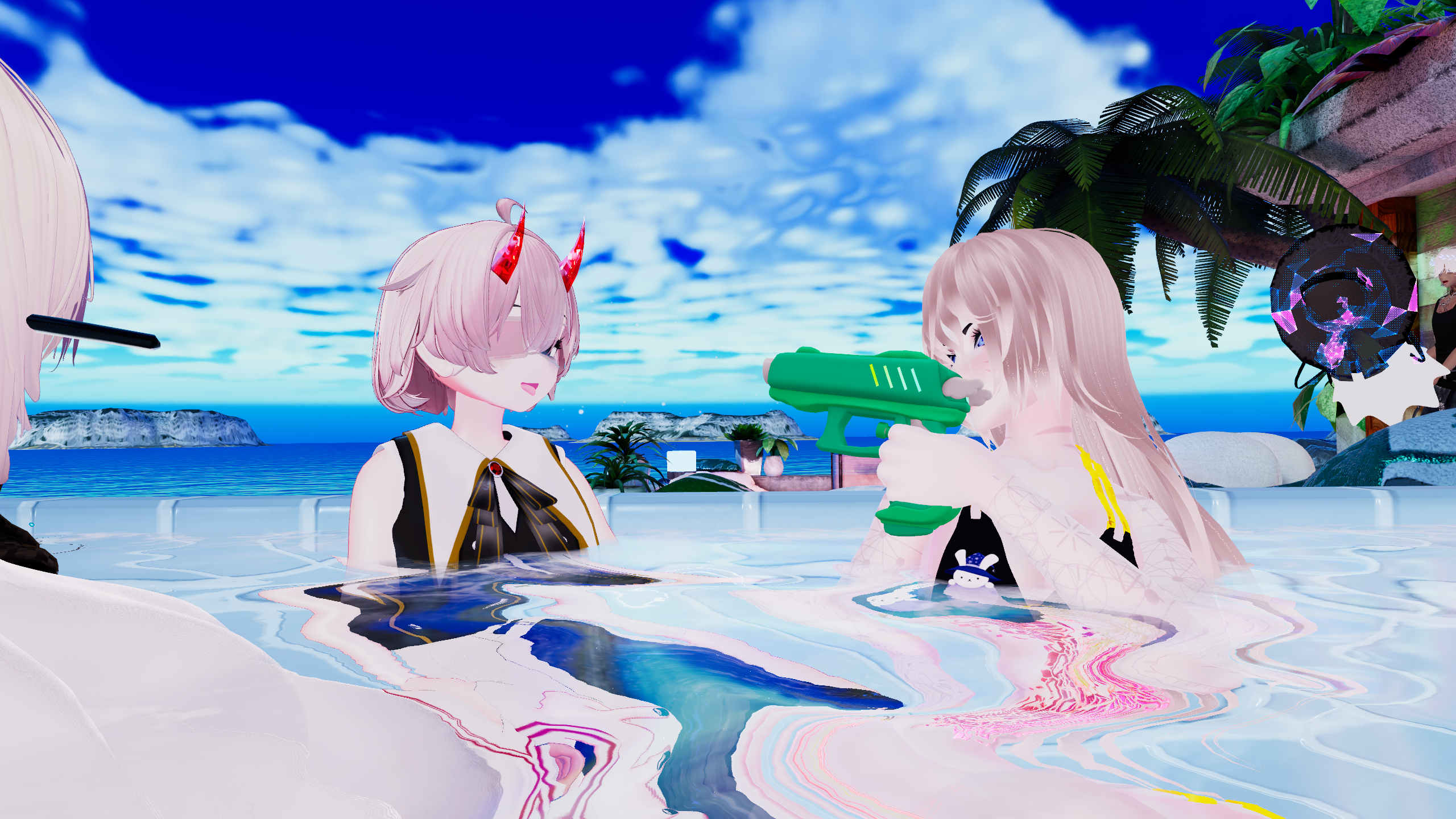 two virtual avatars sit in a pool. one is pointing a water gun at the other.