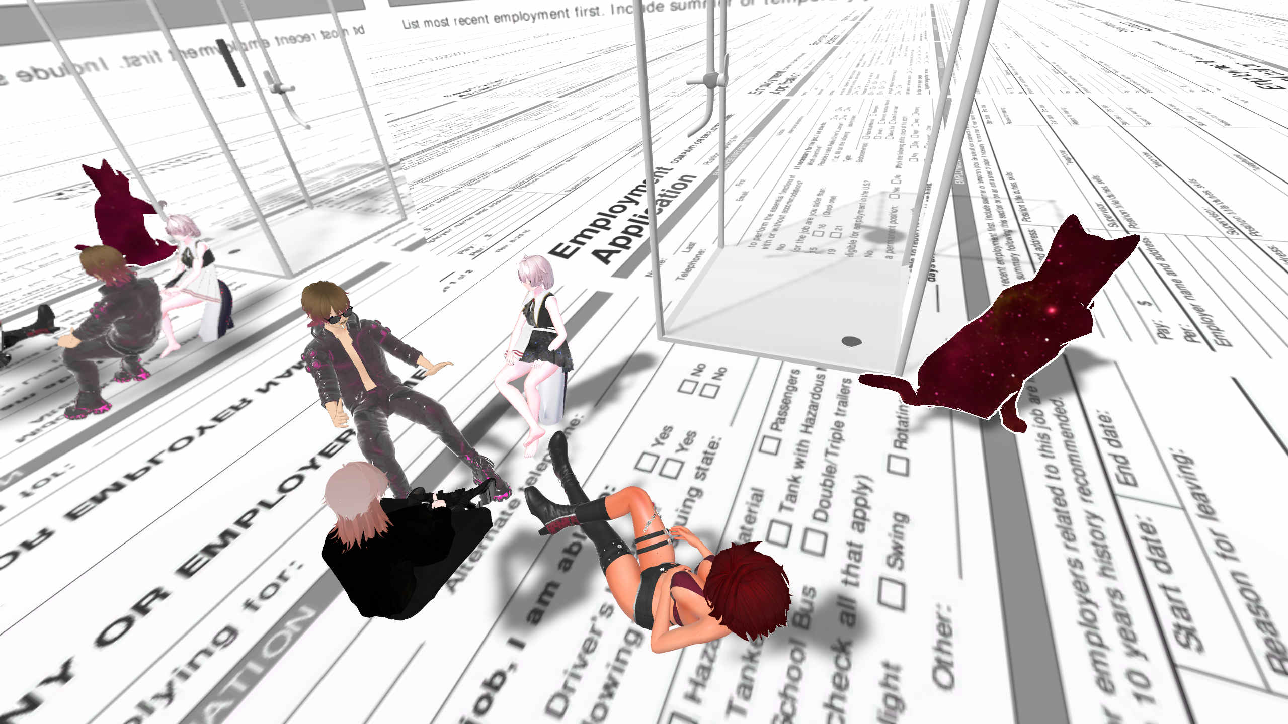 a group of virtual avatars sit in a flat world. the walls and flooring of the world is covered with blank job applications.