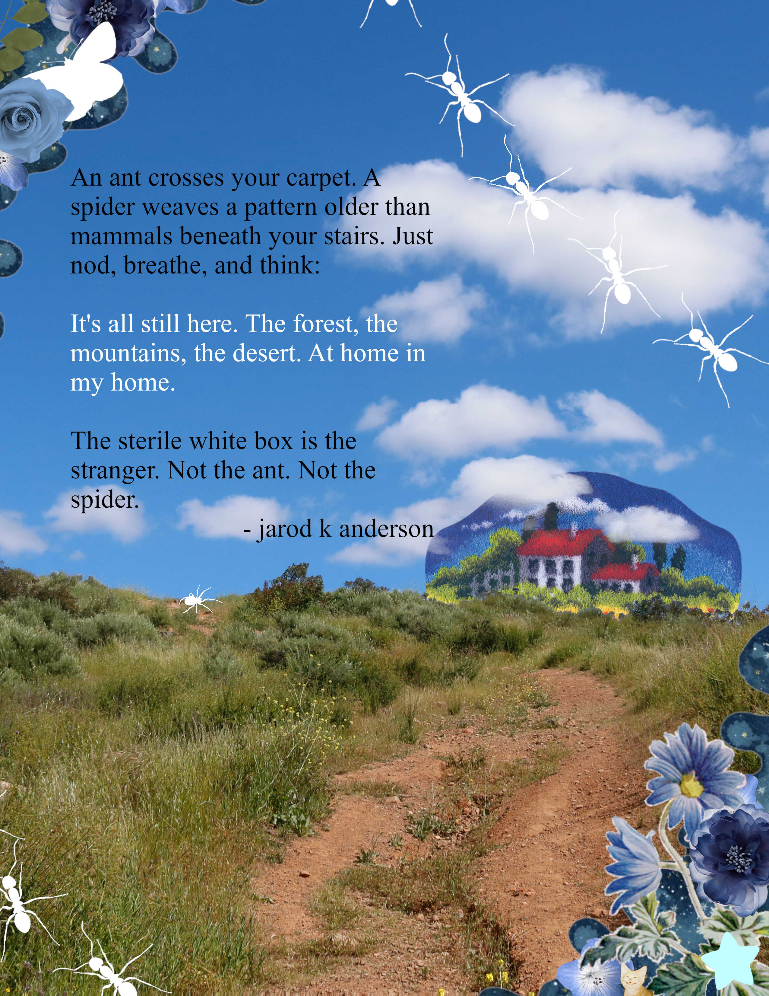 A digitally edited photo features a grassy hill and sillhouettes of ants crawling across the edges. Text in the image features a poem from Field Guide to the Haunted Forest by Jarod K. Anderson.