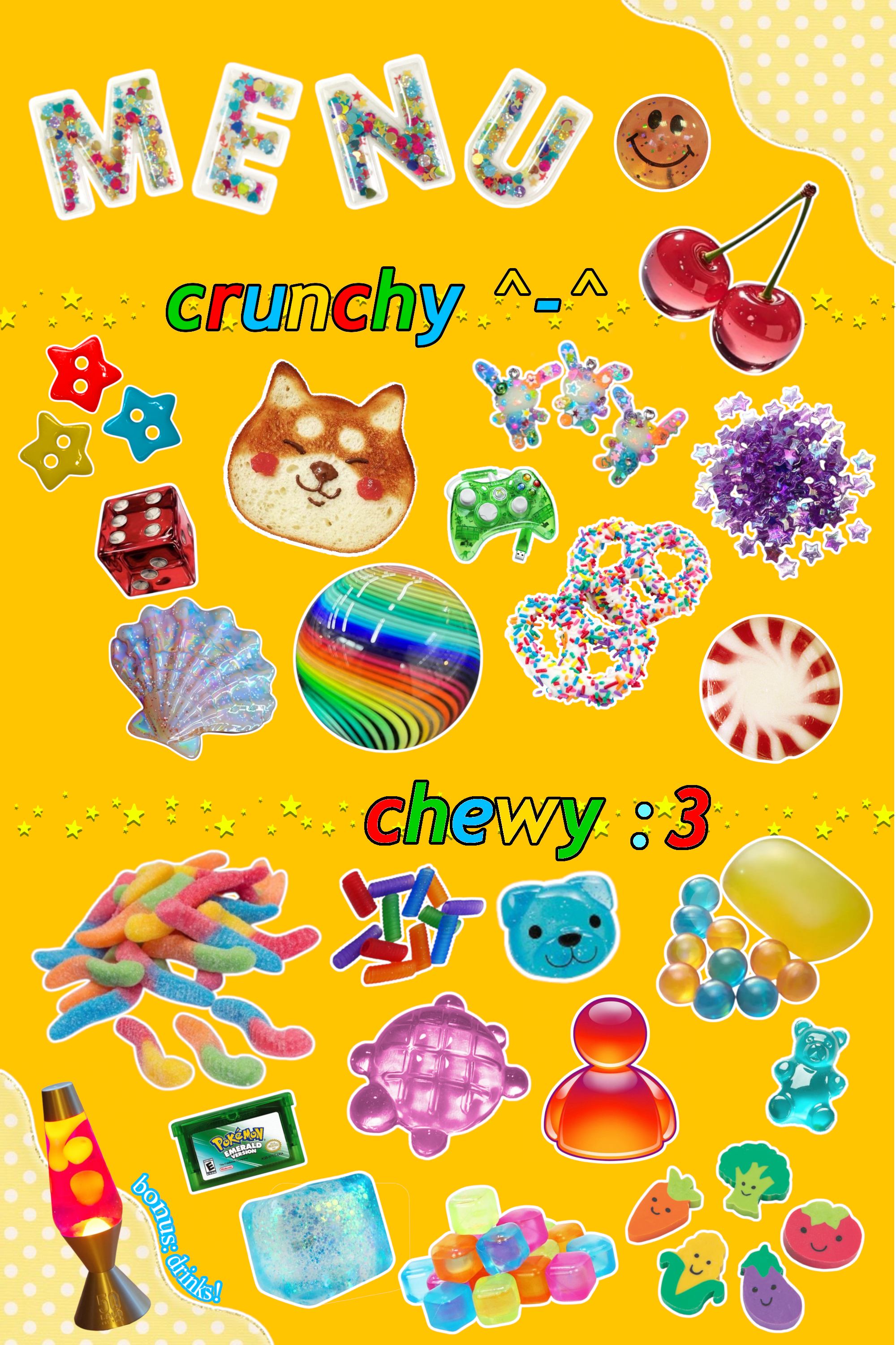 Various objects including erasers and marbles are arranged on a yellow background. A title reads: Menu.