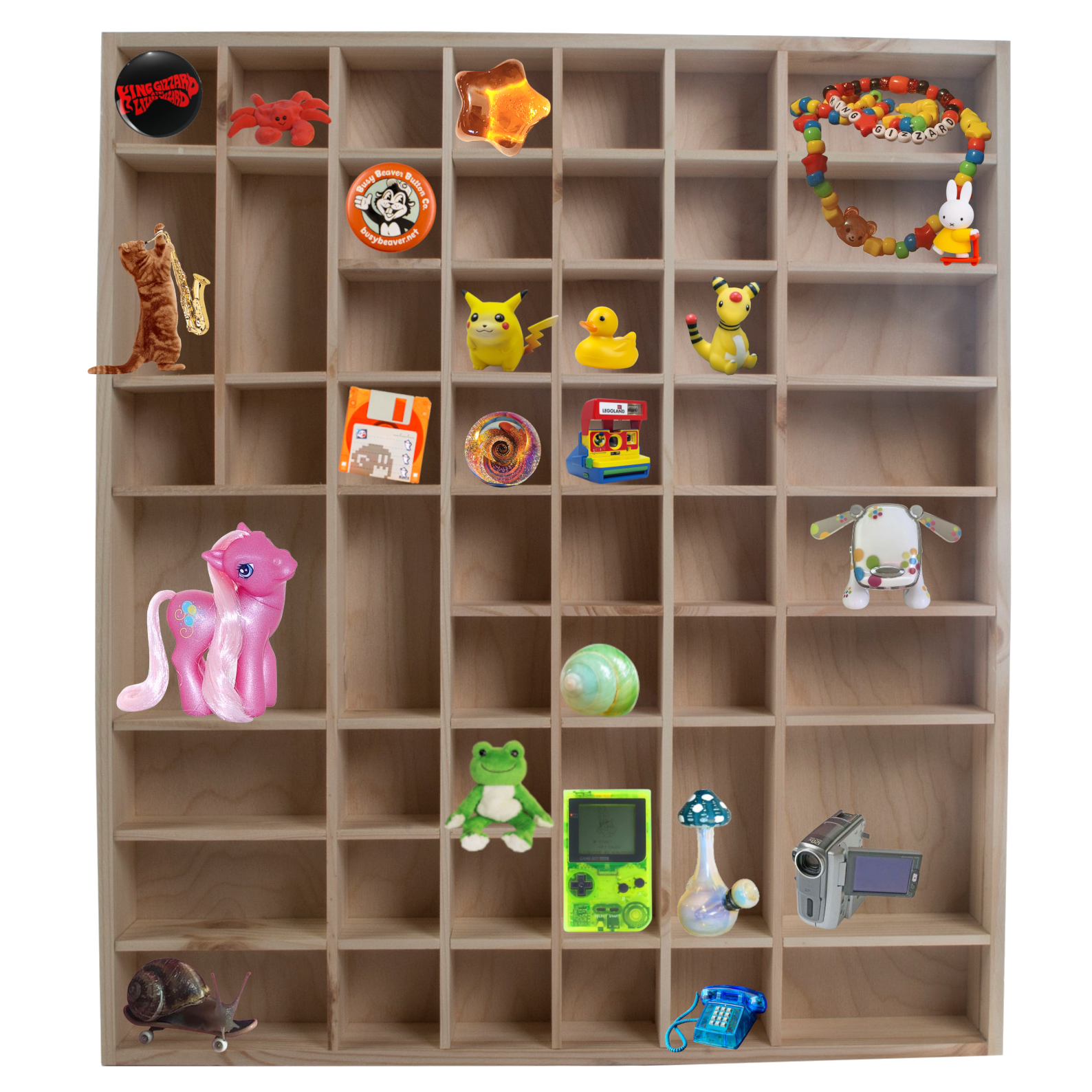 A shelf with many small shelves filled with various trinkets. The trinkets are clickable links to various web pages.